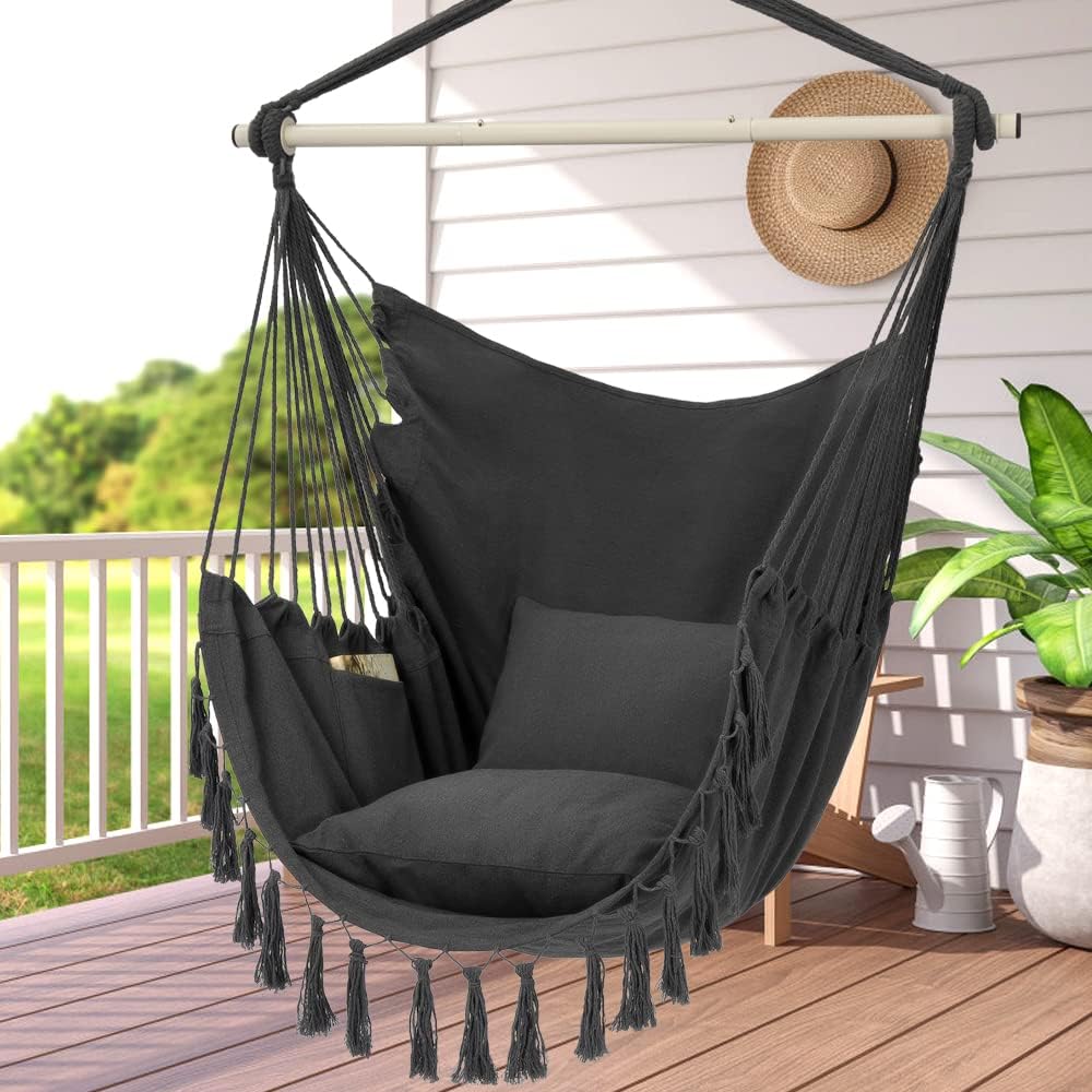 Y- Stop Hammock Chair Hanging Rope Swing, Max 500 Lbs, 2 Cushions Included, Large Macrame Hanging Chair with Pocket for Superior Comfort, with Hardware Kit (Dark Grey)