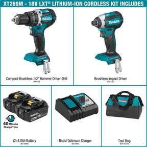 Makita XT269M 18V LXT Lithium-Ion Brushless Cordless 2-Pc. Combo Kit (4.0Ah), Blue