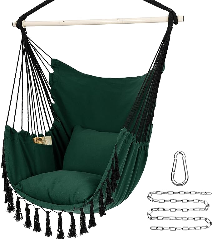 Y- Stop Hammock Chair Hanging Rope Swing, Max 500 Lbs, 2 Cushions Included, Large Macrame Hanging Chair with Pocket for Superior Comfort, with Hardware Kit (Dark Grey)