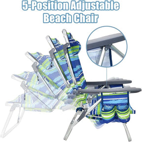 2 Pcs Folding Backpack Beach Chairs 5-Position Adjustable Outdoor Camping Chairs with Cooler Bag & Cup Holder