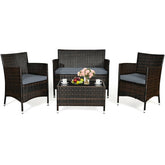 4 Pcs Outdoor Rattan Patio Conversation Set Wicker Furniture Set with Coffee Table and Cushioned Sofas