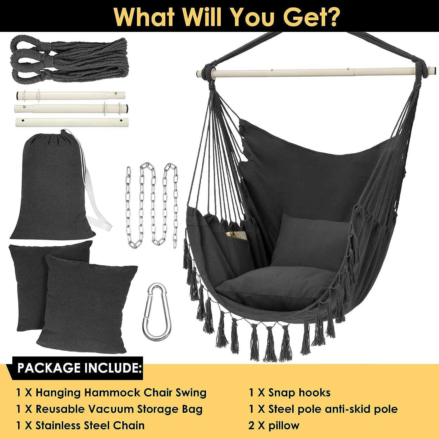 Y- Stop Hammock Chair Hanging Rope Swing, Max 500 Lbs, 2 Cushions Included, Large Macrame Hanging Chair with Pocket for Superior Comfort, with Hardware Kit (Dark Grey)