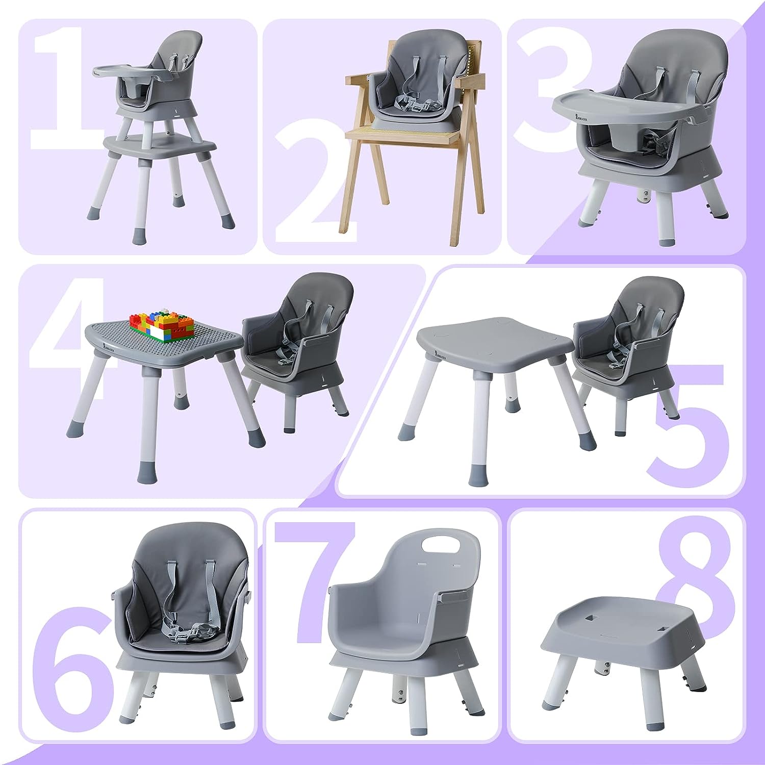 8 in 1 Convertible High Chairs for Babies and Toddlers, Kids Learning Table,Building Block Table,Kids Stool Table Chair Set with Removable Tray