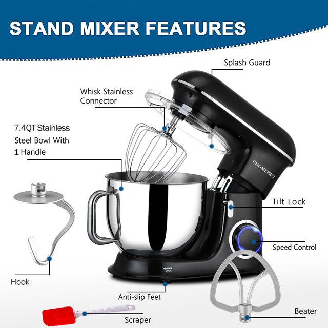 uhomepro 7.5 QT Stand Mixer for Kitchen, 6+0+P-Speed Tilt-Head 660W Dough Mixer, Home Commercial Mixing Electric Kitchen Cake Mixer W/ Dough Hook, Beater, Egg Whisk, Spatula, Dishwasher Safe