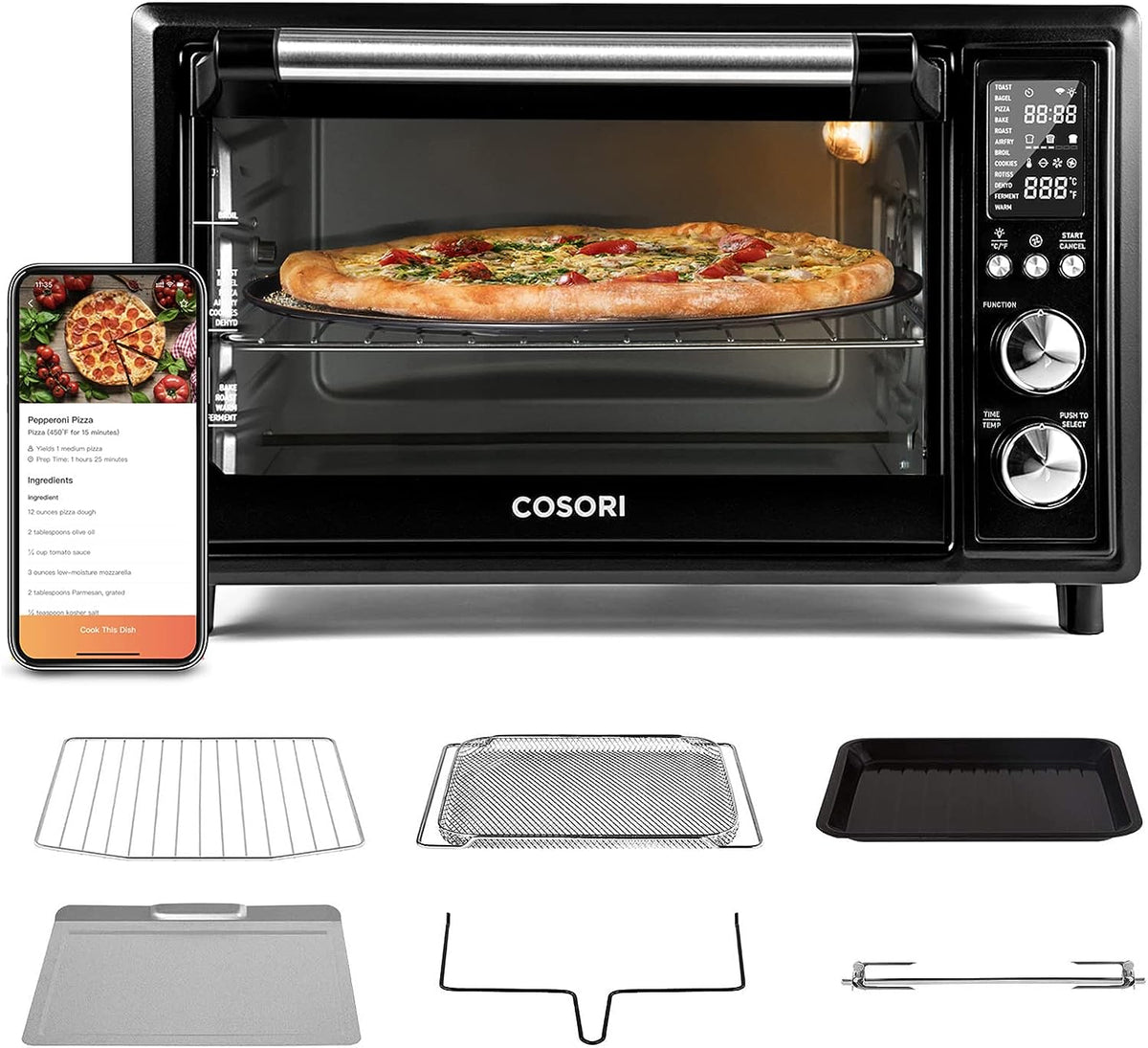 COSORI Air Fryer Toaster Oven Combo 12 Functions Smart 30L Large Countertop Dehydrator 13" pizza, 100 Recipes & 6 Accessories Included, Work with Alexa CS130-AO, WiFi-Black