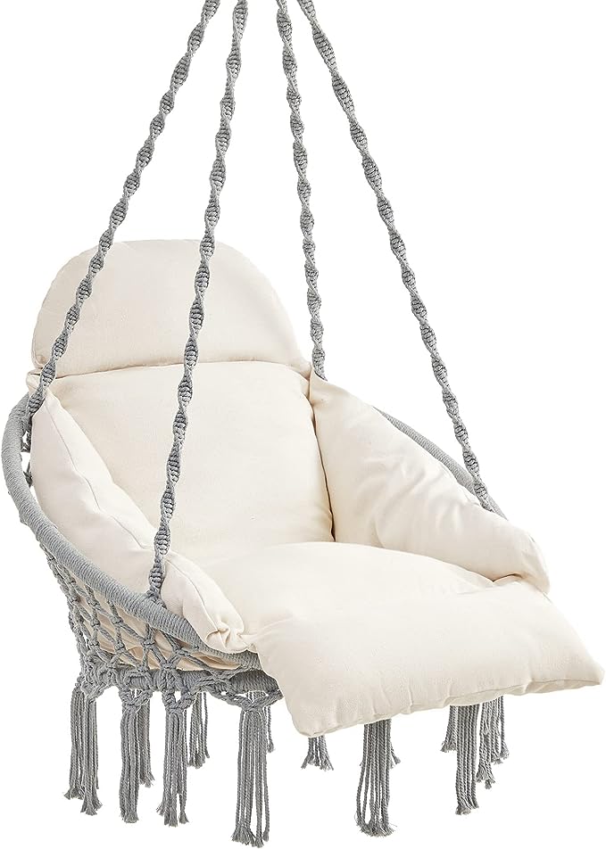 SONGMICS Hanging Chair, Hammock Chair with Large, Thick Cushion, Boho Swing Chair for Bedroom, Patio, Balcony, Garden, Living Room, Holds up to 264 lb, Cloud White UGDC042M01