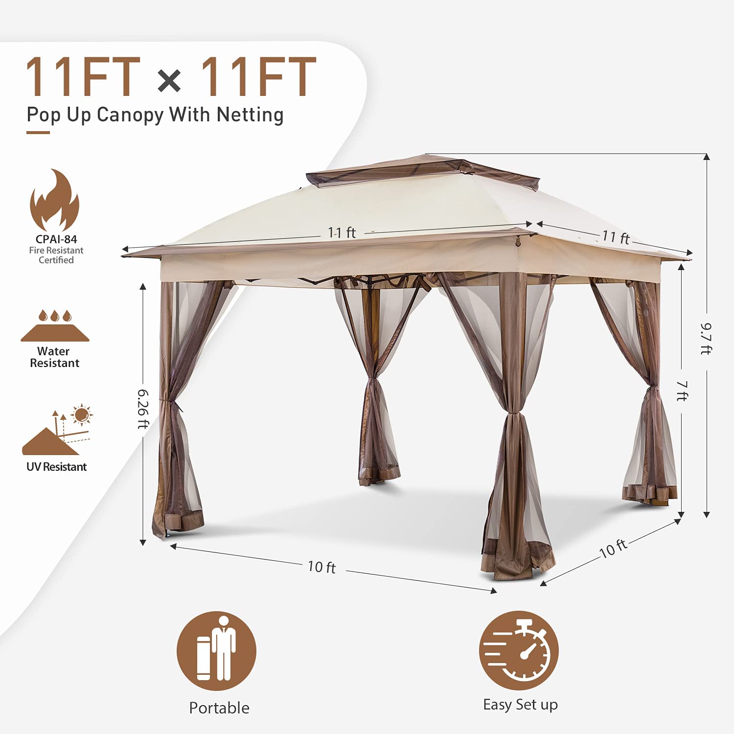 11x11 Pop-Up Instant Gazebo Tent with Mosquito Netting Outdoor Canopy Shelter with 121 Square Feet of Shade by COOS BAY