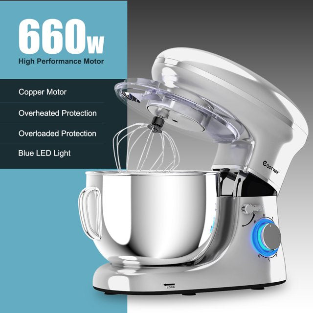 Costway 6 Speed 660W Dough Hook Whisk Beater 6.3Qt Tilt-Head Food Stand Mixer White