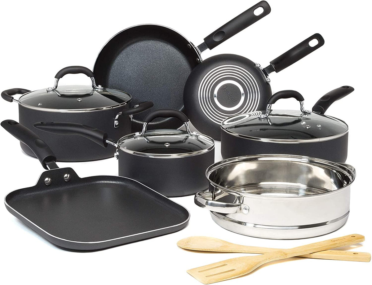 Cookware Set with Premium Non-Stick, Dishwasher Safe Pots and Pans, Tempered Glass Steam Vented Lids, Stainless Steel Steamer, and Bamboo Cooking Utensils Set, 12-Piece, Charcoal Gray