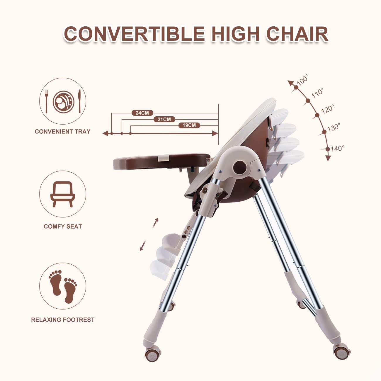 Baby High Chair for Toddlers Kids Feeding Height Convertible with Removable Tray