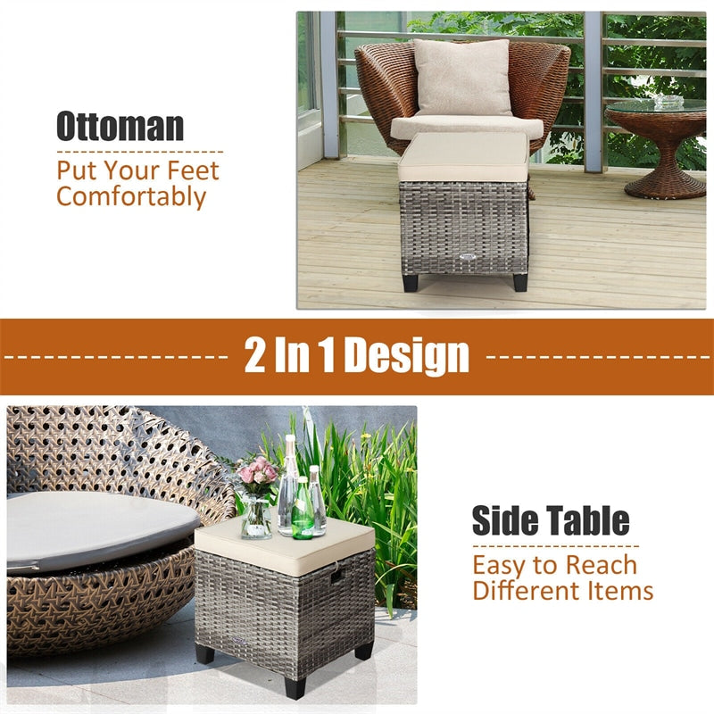 2 Pieces Wicker Patio Ottomans Outdoor Rattan Footstools with Removable Cushions