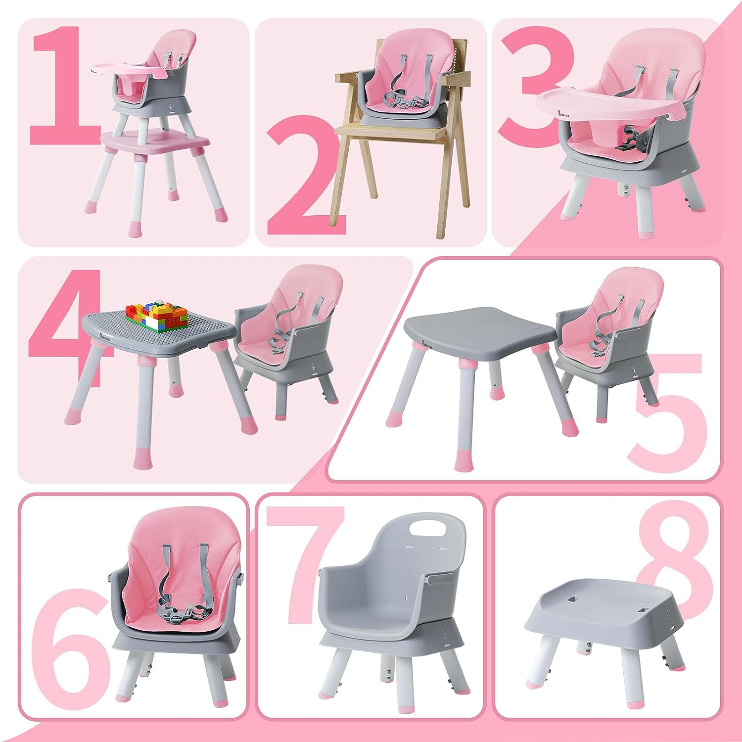 8 in 1 Convertible High Chairs for Babies and Toddlers, Kids Learning Table,Building Block Table,Kids Stool Table Chair Set with Removable Tray