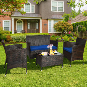 4 Pcs Outdoor Rattan Patio Conversation Set Wicker Furniture Set with Coffee Table and Cushioned Sofas