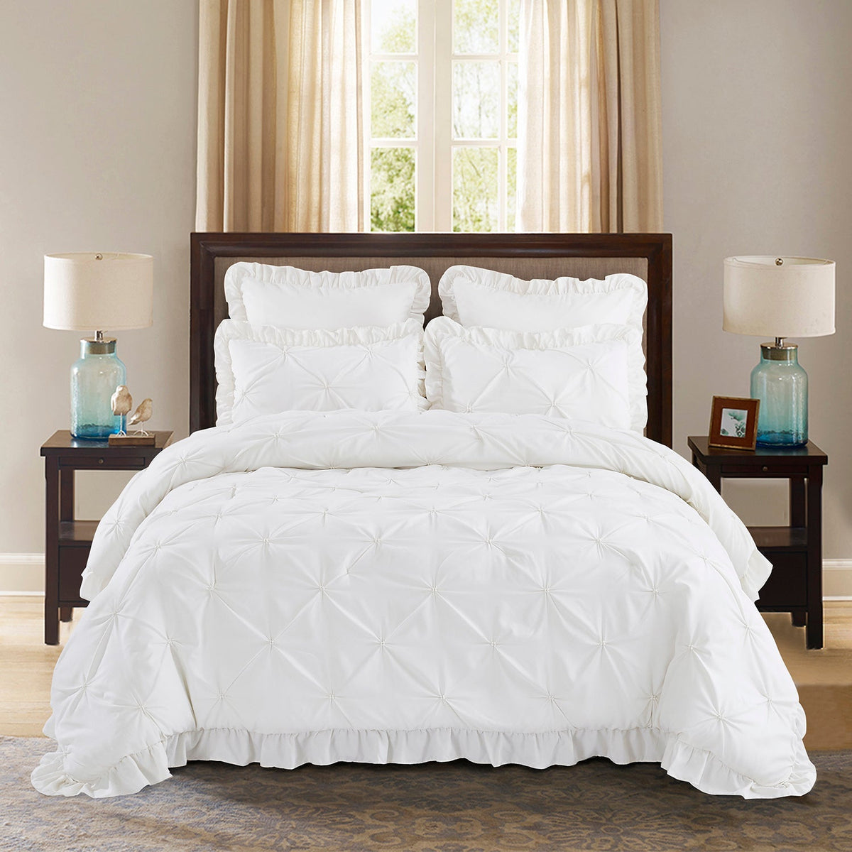 5 Piece Pinch Pleat Scallop Fringe Bedding Embroidered Comforter Set