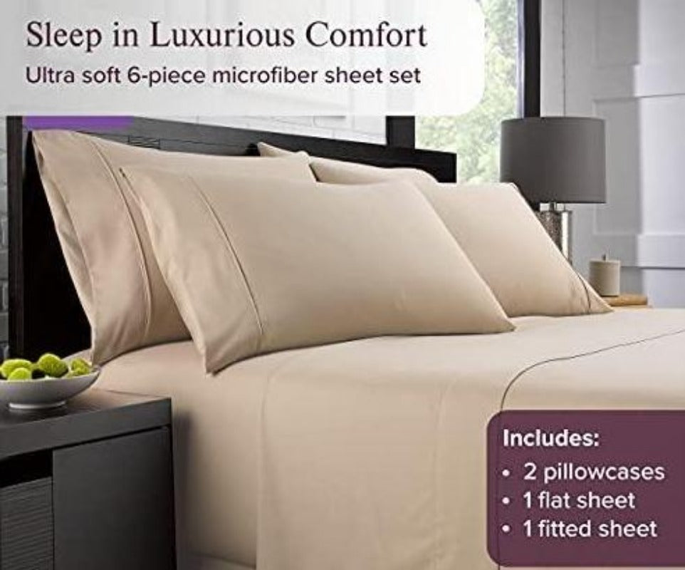 Bed Sheets Set - 1800 Series 6 Piece Bedding Sheet & Pillowcases Sets w/ Deep Pockets - Fade Resistant & Machine Washable - Taupe Color