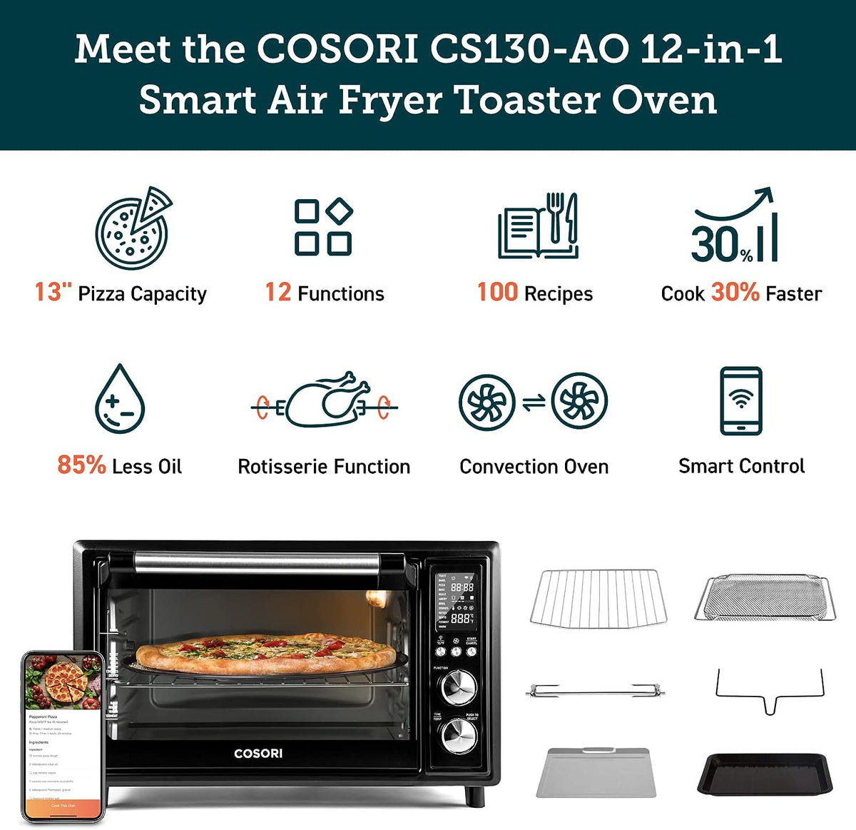 COSORI Air Fryer Toaster Oven Combo 12 Functions Smart 30L Large Countertop Dehydrator 13" pizza, 100 Recipes & 6 Accessories Included, Work with Alexa CS130-AO, WiFi-Black