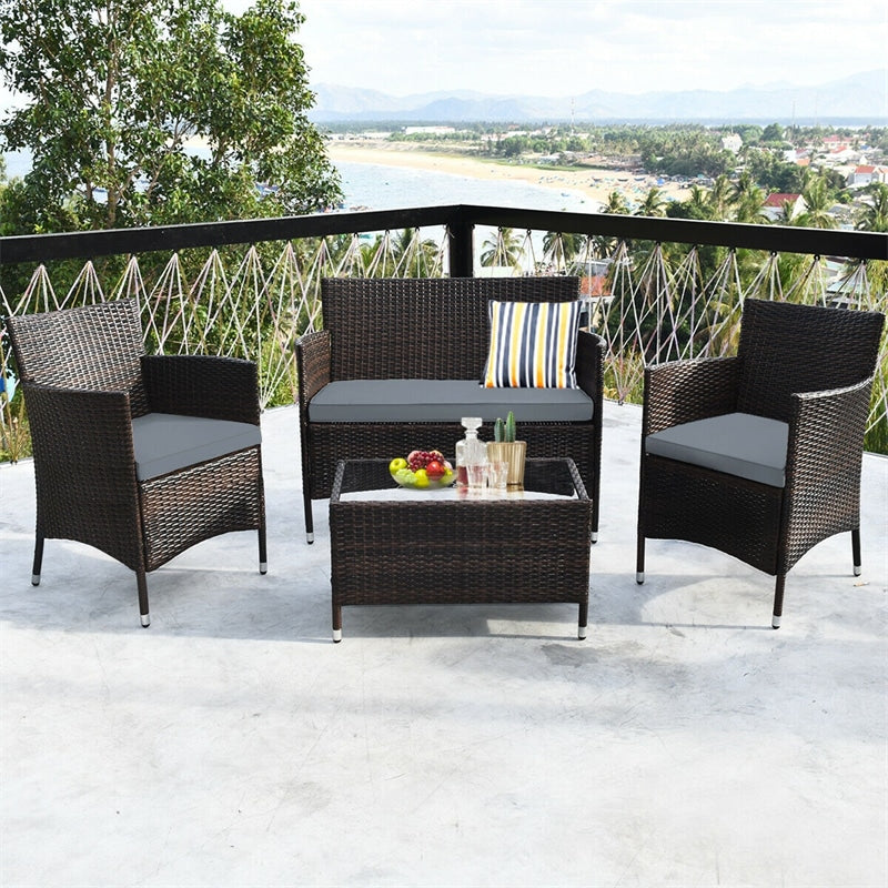 4 Pcs Outdoor Rattan Patio Conversation Set Wicker Furniture Set with Coffee Table and Cushioned Sofas