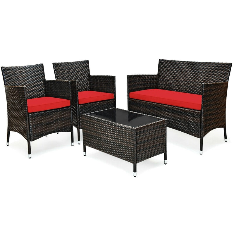 4 Pcs Outdoor Rattan Patio Conversation Set Wicker Furniture Set with Coffee Table and Cushioned Sofas