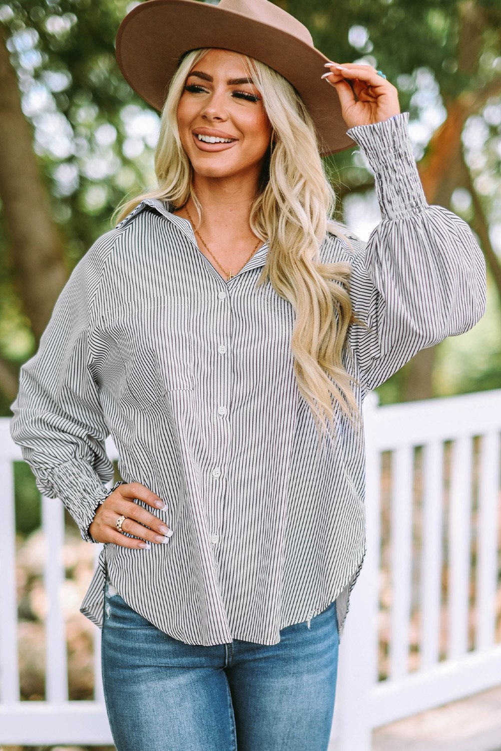 ✨This Week's Special Price $13.98💥Mid-length smocked shirt with striped lapel and oversized drawdown sleeves