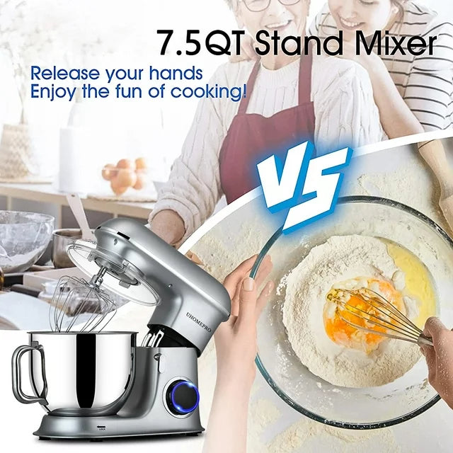 uhomepro 7.5 QT Stand Mixer for Kitchen, 6+0+P-Speed Tilt-Head 660W Dough Mixer, Home Commercial Mixing Electric Kitchen Cake Mixer W/ Dough Hook, Beater, Egg Whisk, Spatula, Dishwasher Safe