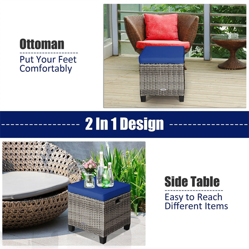 2 Pieces Wicker Patio Ottomans Outdoor Rattan Footstools with Removable Cushions