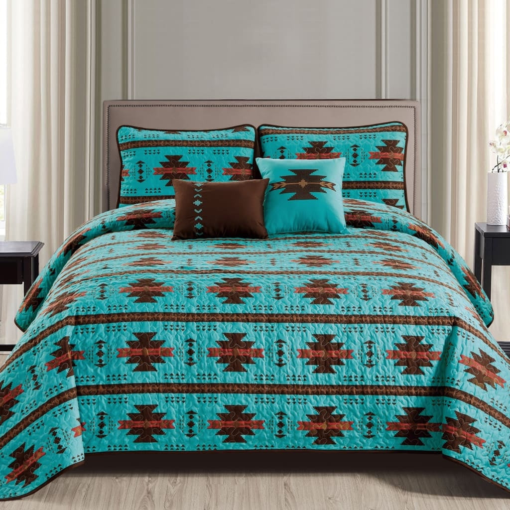 Rustic Southwestern Turquoise  Quilt Coverlet - 5 Piece Set