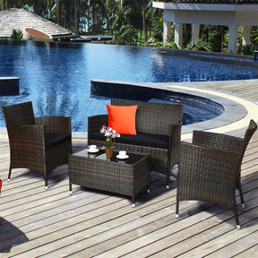 4 Pcs Outdoor Rattan Patio Conversation Set Wicker Furniture Set with Coffee Table and Cushioned Sofas