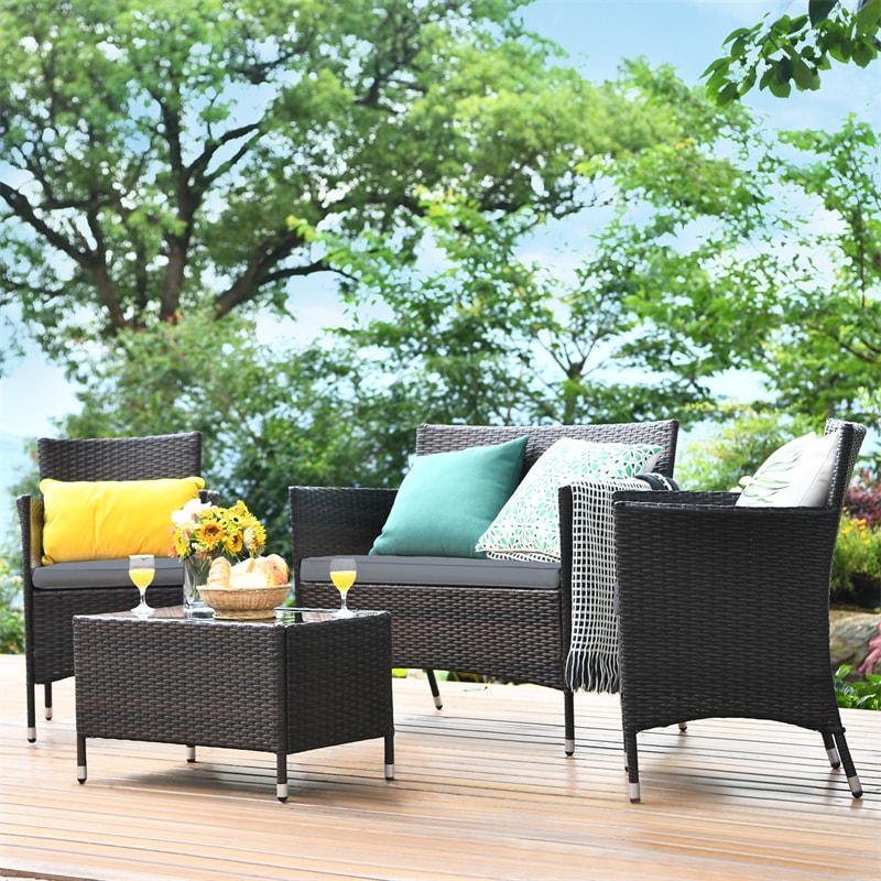 4 Pcs Outdoor Rattan Patio Conversation Set Wicker Furniture Set with Coffee Table and Cushioned Sofas