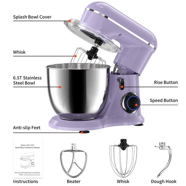 Samsaimo Stand Mixer,6.5-QT 660W 10-Speed Tilt-Head Food Mixer, Kitchen Electric Mixer with Bowl, Dough Hook, Beater, Whisk for Most Home Cooks