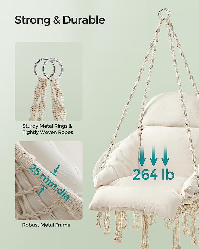 SONGMICS Hanging Chair, Hammock Chair with Large, Thick Cushion, Boho Swing Chair for Bedroom, Patio, Balcony, Garden, Living Room, Holds up to 264 lb, Cloud White UGDC042M01