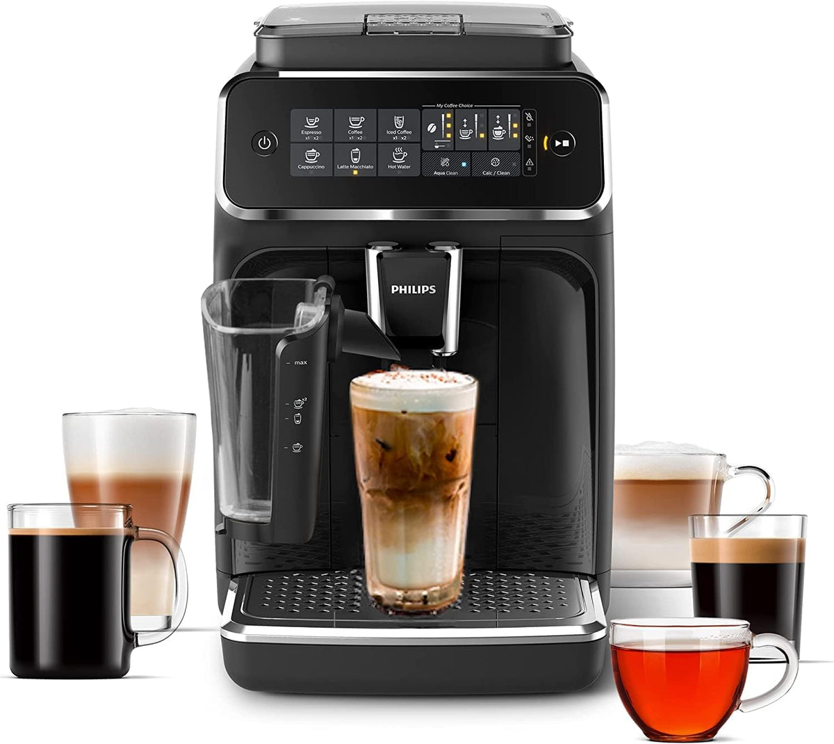 Philips 3200 Series Fully Automatic Espresso Machine - LatteGo Milk Frother & Iced Coffee, 5 Coffee Varieties, Intuitive Touch Display, Black, (EP3241/74)