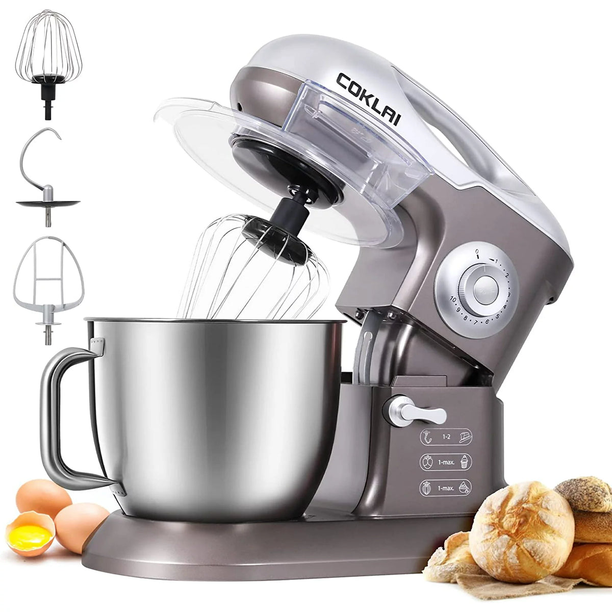 COKLAI Stand Mixer, 10 Speeds Tilt-Head 660W Food Mixer, 7.3-QT Electric Mixer with Stainless Steel Mixing Bowl, Kitchen Mixer with Dough Hook, Flat Beater, Wire Whisk and Splash Guard