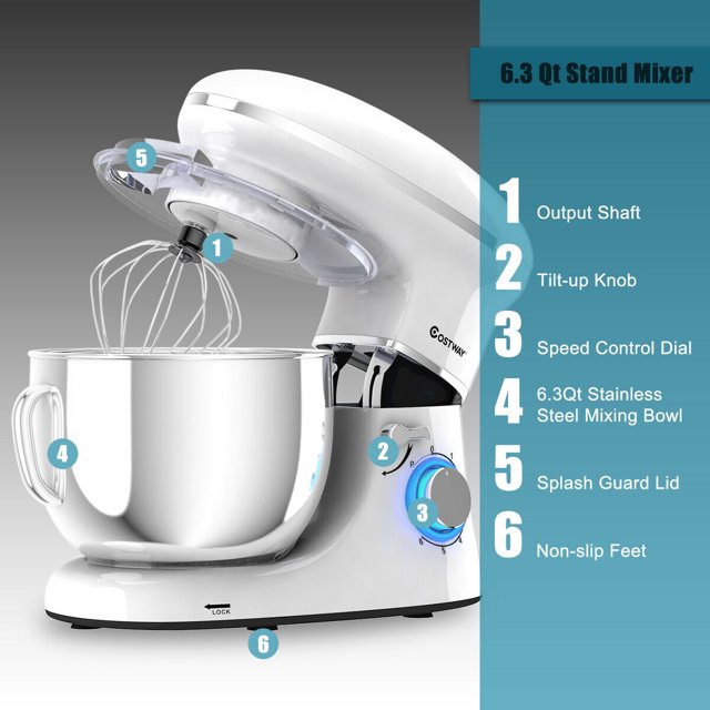 Costway 6 Speed 660W Dough Hook Whisk Beater 6.3Qt Tilt-Head Food Stand Mixer White