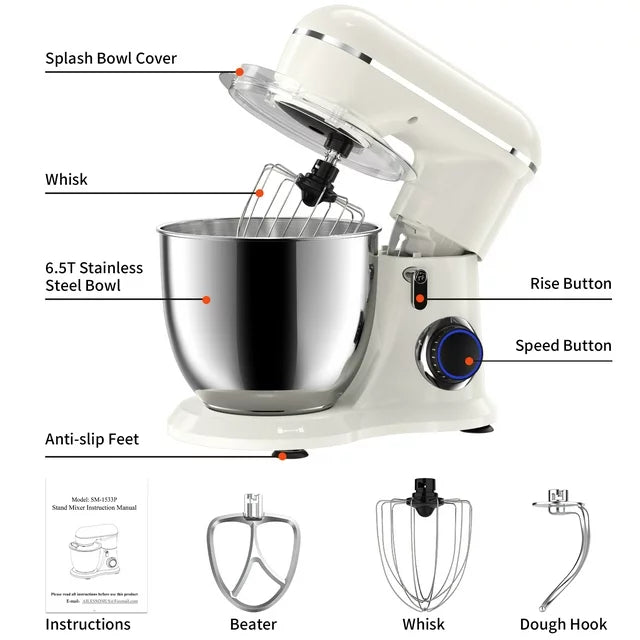 Samsaimo Stand Mixer,6.5-QT 660W 10-Speed Tilt-Head Food Mixer, Kitchen Electric Mixer with Bowl, Dough Hook, Beater, Whisk for Most Home Cooks