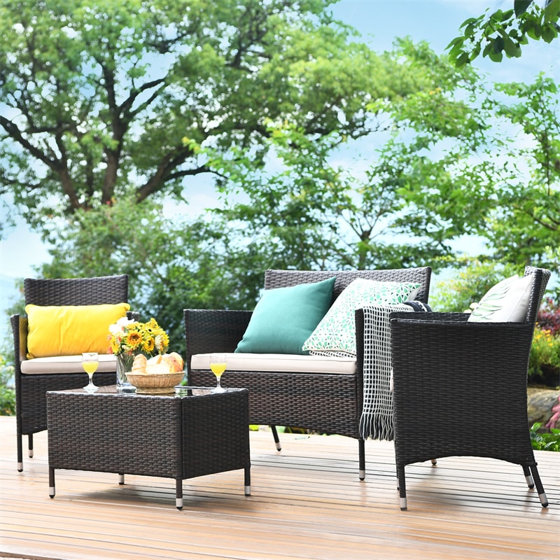 4 Pcs Outdoor Rattan Patio Conversation Set Wicker Furniture Set with Coffee Table and Cushioned Sofas