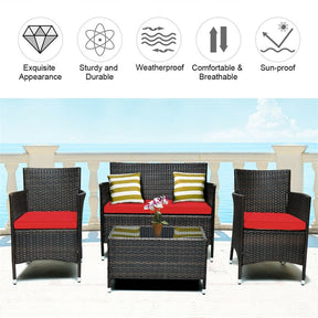 4 Pcs Outdoor Rattan Patio Conversation Set Wicker Furniture Set with Coffee Table and Cushioned Sofas