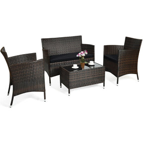 4 Pcs Outdoor Rattan Patio Conversation Set Wicker Furniture Set with Coffee Table and Cushioned Sofas