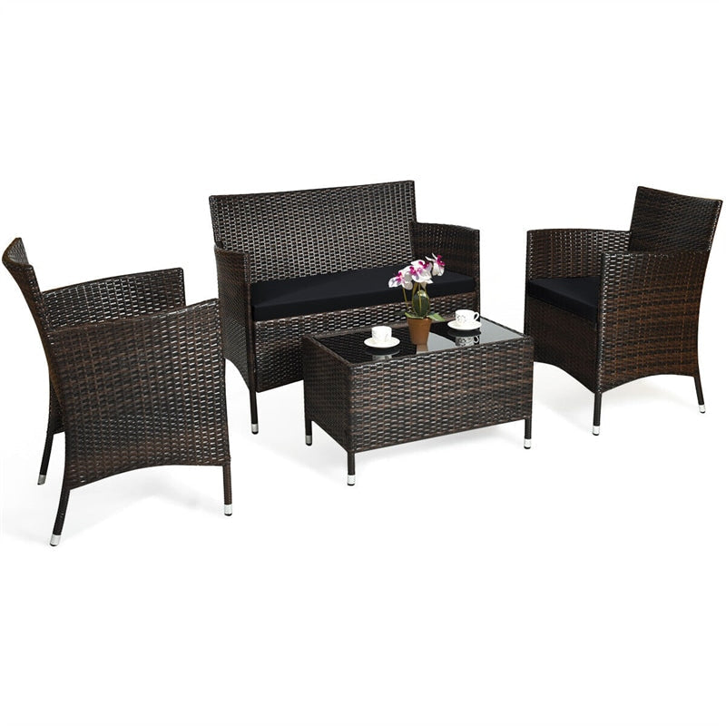 4 Pcs Outdoor Rattan Patio Conversation Set Wicker Furniture Set with Coffee Table and Cushioned Sofas