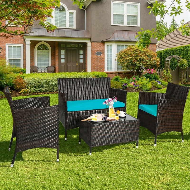 4 Pcs Outdoor Rattan Patio Conversation Set Wicker Furniture Set with Coffee Table and Cushioned Sofas