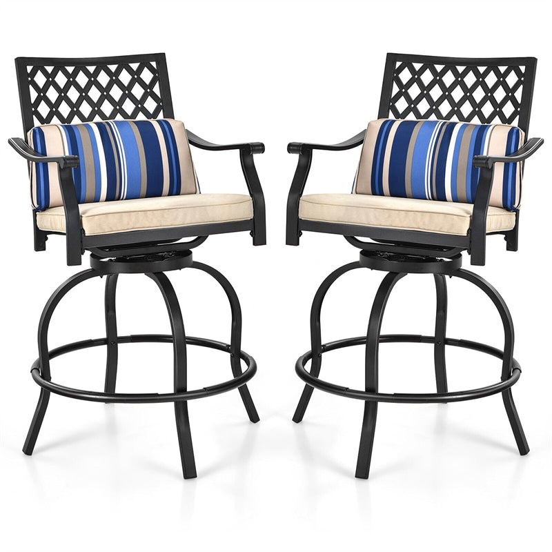 Set of 2 Patio Swivel Bar Stools Outdoor Bar Height Chairs with Soft Cushions & Steel Frame