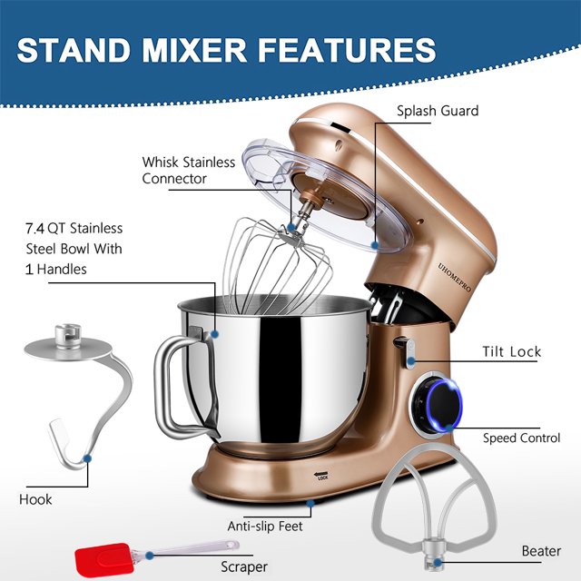 uhomepro 7.5 QT Stand Mixer for Kitchen, 6+0+P-Speed Tilt-Head 660W Dough Mixer, Home Commercial Mixing Electric Kitchen Cake Mixer W/ Dough Hook, Beater, Egg Whisk, Spatula, Dishwasher Safe