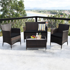 4 Pcs Outdoor Rattan Patio Conversation Set Wicker Furniture Set with Coffee Table and Cushioned Sofas