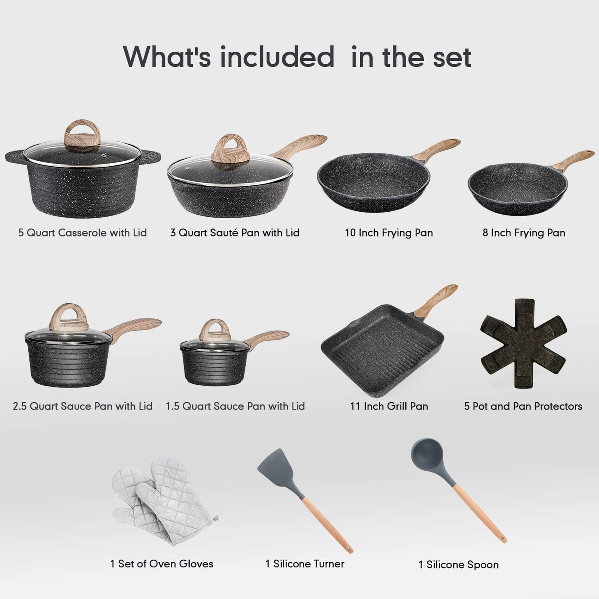 Pots and Pans Set Nonstick 20PCS, Induction Compatible with Frying Pan, Saucepan, Sauté Pan, Grill Pan, Cooking Pots, PFOA Free, (Grey, 20pcs Cookware Set)