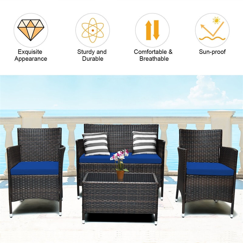 4 Pcs Outdoor Rattan Patio Conversation Set Wicker Furniture Set with Coffee Table and Cushioned Sofas