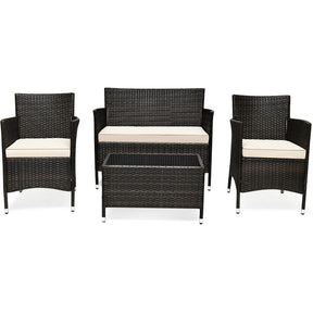 4 Pcs Outdoor Rattan Patio Conversation Set Wicker Furniture Set with Coffee Table and Cushioned Sofas