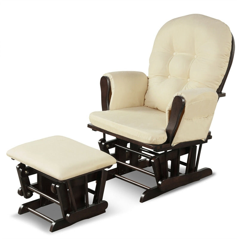 Wood Baby Glider Rocking Chair Nursery Chair with Gliding Ottoman & Storage Pocket