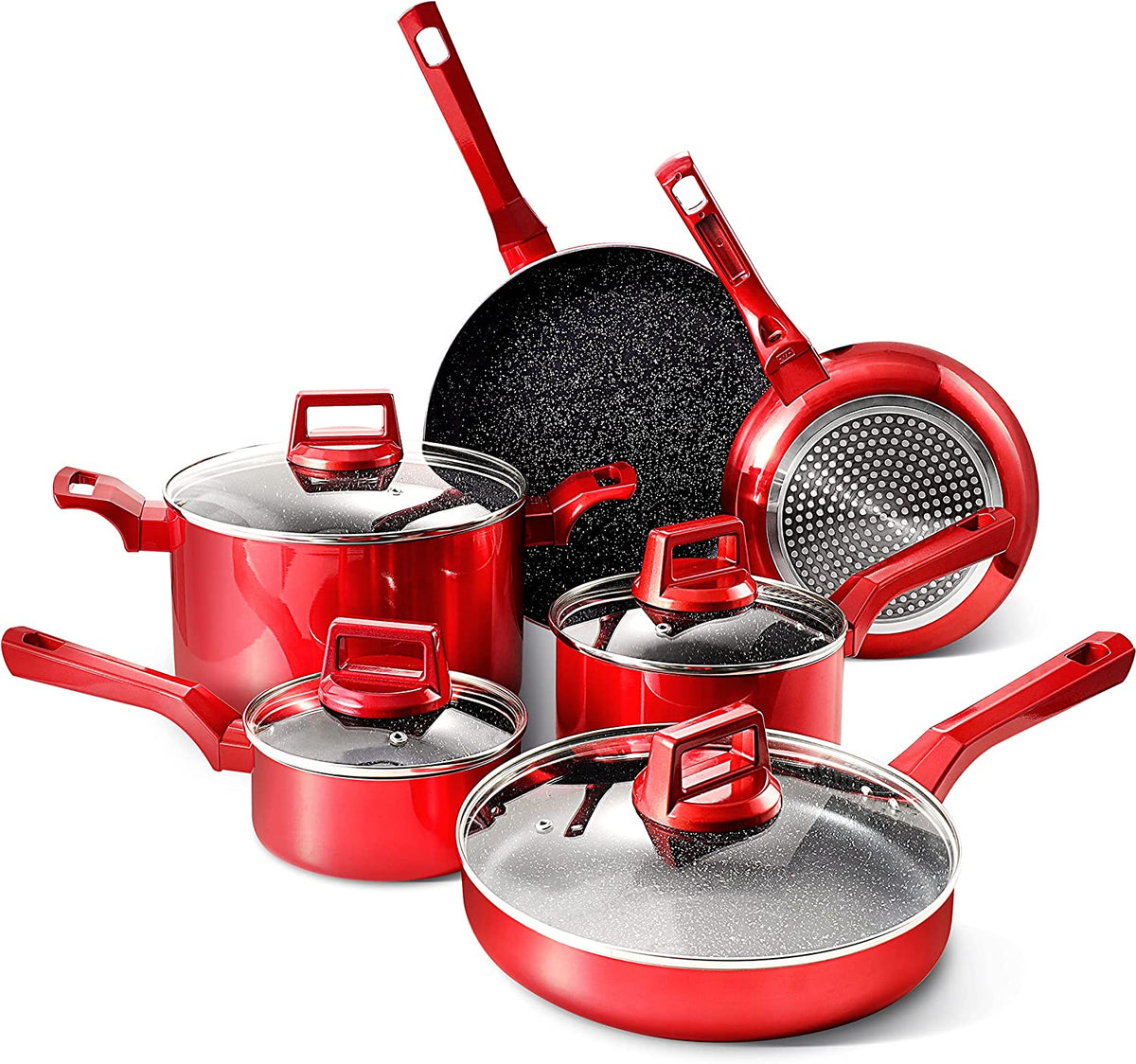 10 Pcs Pots and Pans Sets, Nonstick Cookware Set, Induction Pan Set, Chemical-Free Kitchen Sets, Saucepan, Saute Pan with Lid, Frying Pan, Red