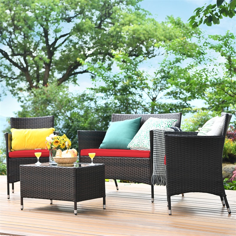 4 Pcs Outdoor Rattan Patio Conversation Set Wicker Furniture Set with Coffee Table and Cushioned Sofas