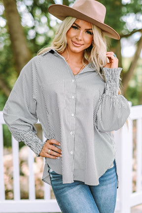 ✨This Week's Special Price $13.98💥Mid-length smocked shirt with striped lapel and oversized drawdown sleeves