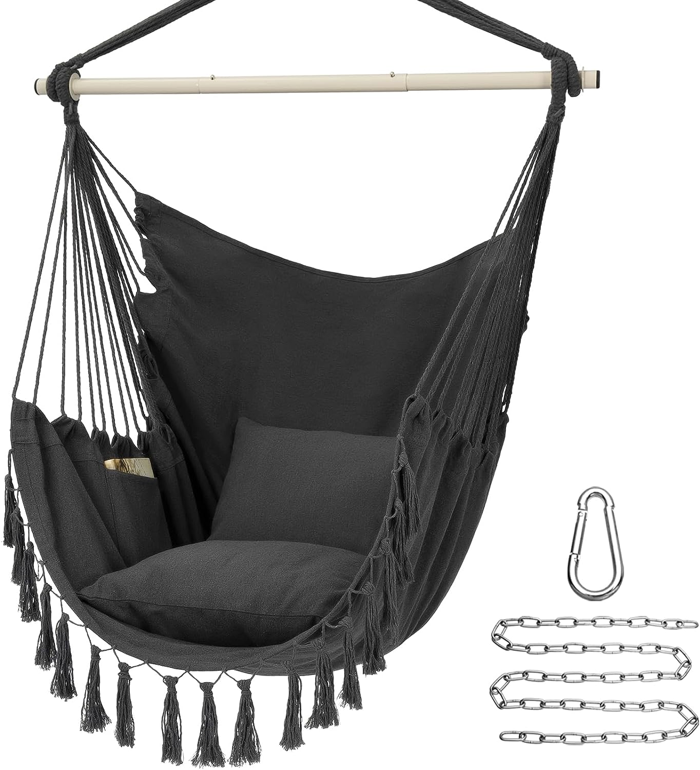 Y- Stop Hammock Chair Hanging Rope Swing, Max 500 Lbs, 2 Cushions Included, Large Macrame Hanging Chair with Pocket for Superior Comfort, with Hardware Kit (Dark Grey)